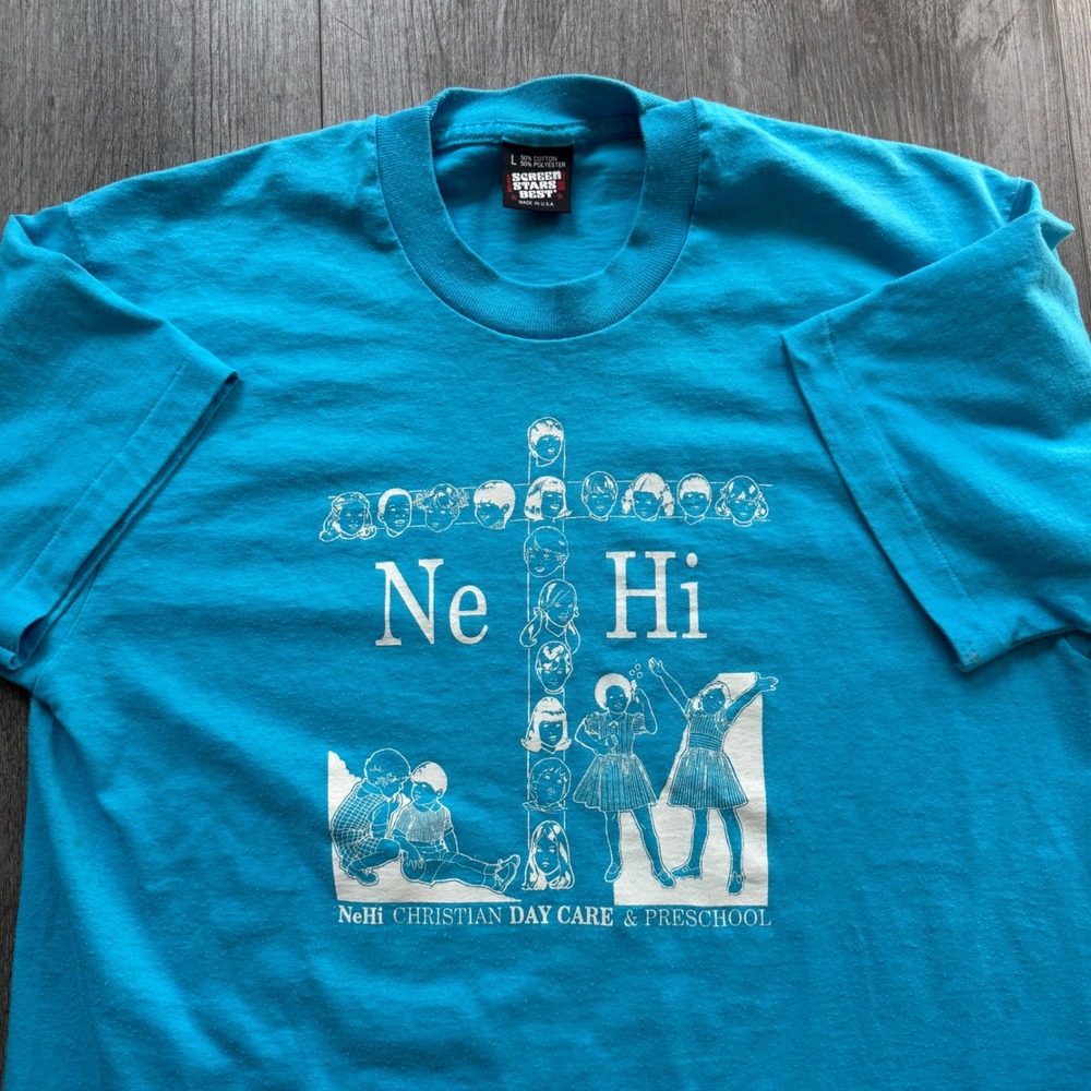 Vintage 80s Screen Stars Best USA L 50/50 Tee Humor Christian Day Care Turquoise